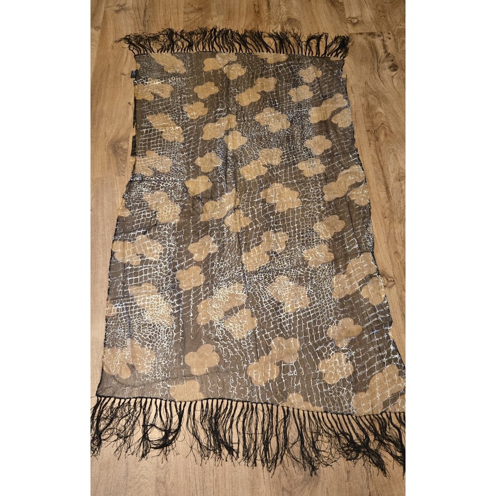 Sheer Silk Metallic Scarf 30x49 Black Gold Abstract Crackle Fringe Evening Wrap - Picture 8 of 11